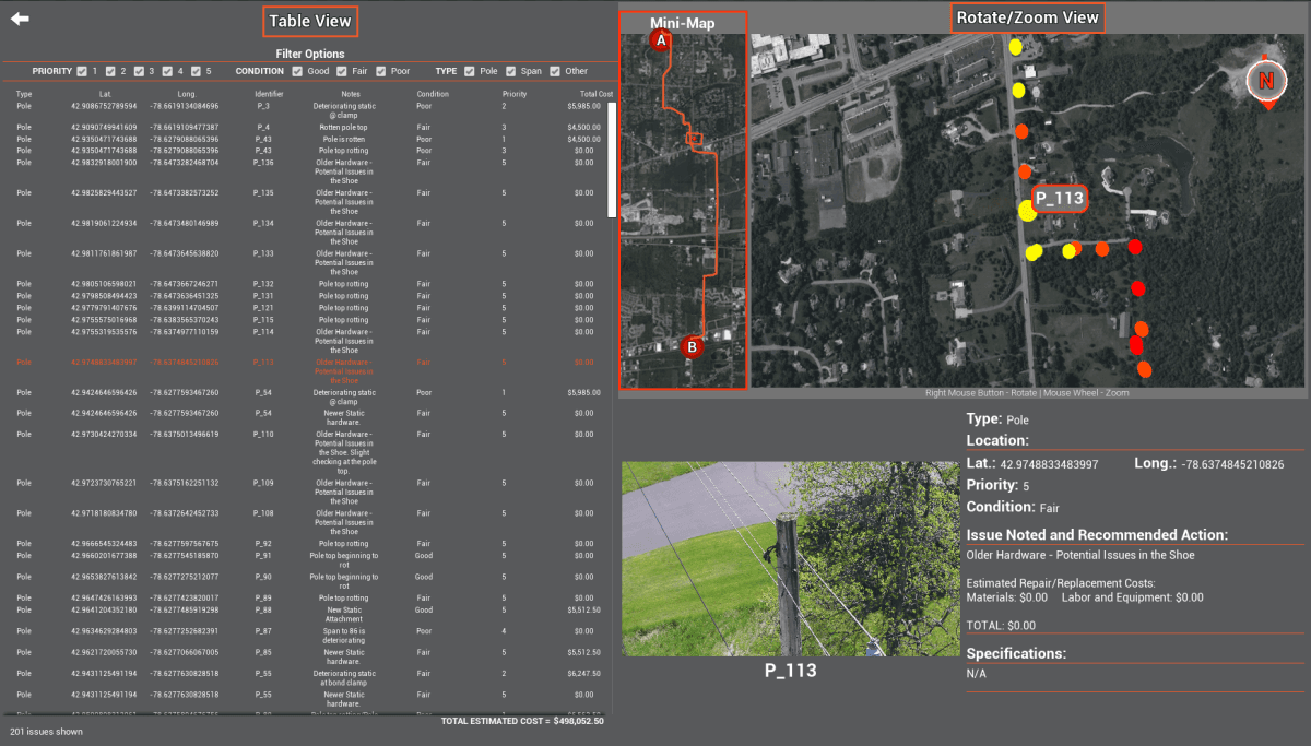 ReadyVIS platform showing the Lancaster 516 inspection data table, circuit map, and drone media
