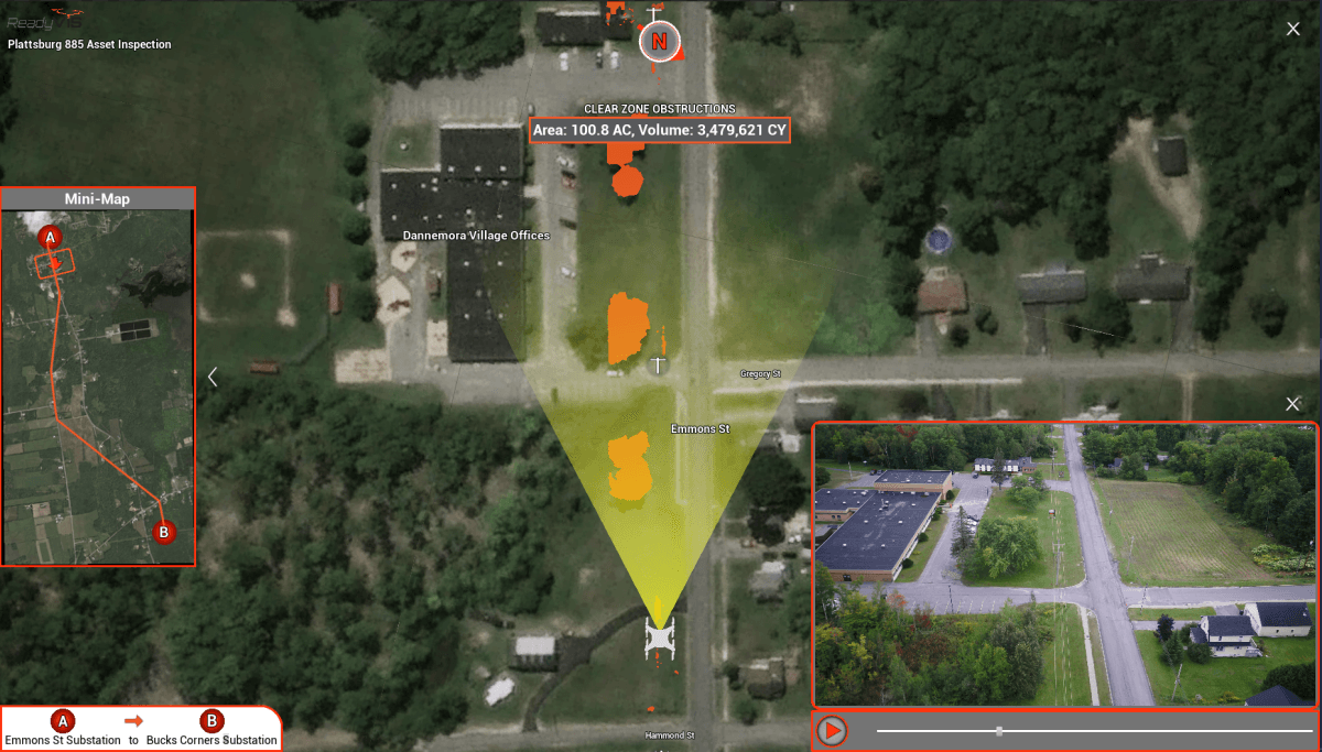 ReadyVIS platform structure detail view with synced drone imagery on the Lancaster circuit